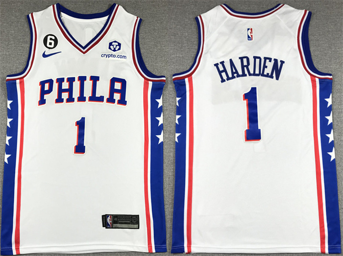 Personalized Men’s Philadelphia 76ers #1 James Harden White With NO.6 Patch Stitched Jersey