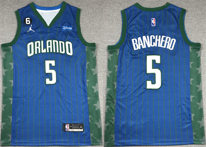 Personalized Men’s Orlando Magic #5 Paolo Banchero Blue With No.6 Patch Icon Edition Stitched Swingman Jersey