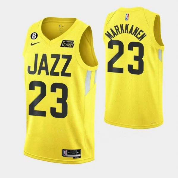 Personalized Men’s Utah Jazz #23 Lauri Elias Markkanen With No.6 Patch Yellow 2022 23 Association Edition Stitched Basketball Jersey