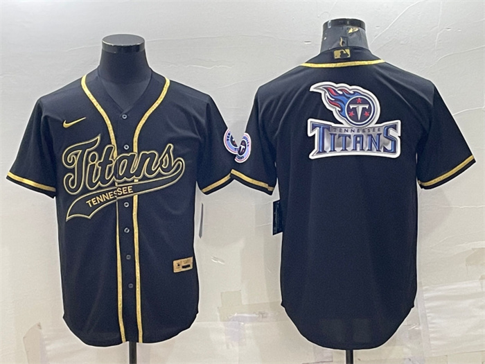 Personalized Men’s Tennessee Titans Black Gold Team Big Logo With Patch Cool Base Stitched Baseball Jersey