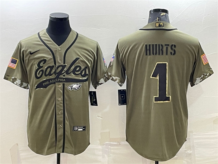Personalized Men’s Philadelphia Eagles #1 Jalen Hurts Olive 2022 Salute To Service Cool Base Stitched Baseball Jersey