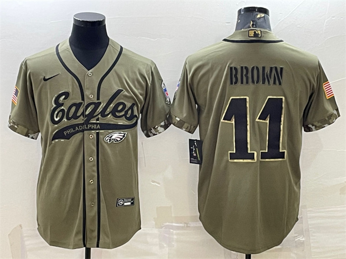 Personalized Men’s Philadelphia Eagles #11 A. J. Brown Olive 2022 Salute To Service Cool Base Stitched Baseball Jersey