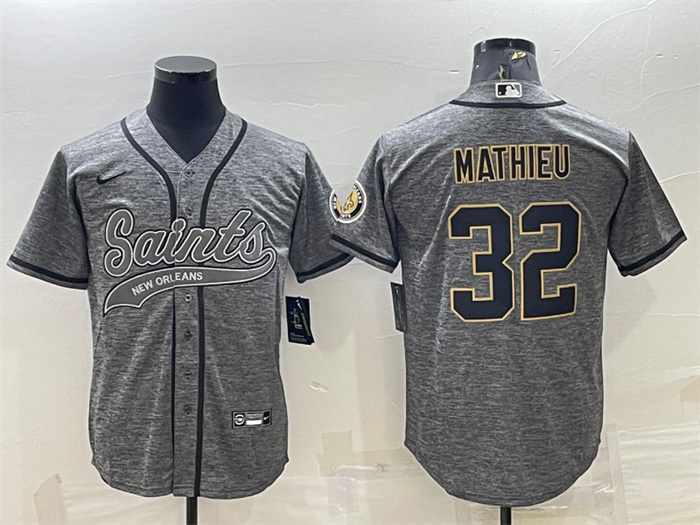 Personalized Men’s New Orleans Saints #32 Tyrann Mathieu Grey With Patch Cool Base Stitched Baseball Jersey