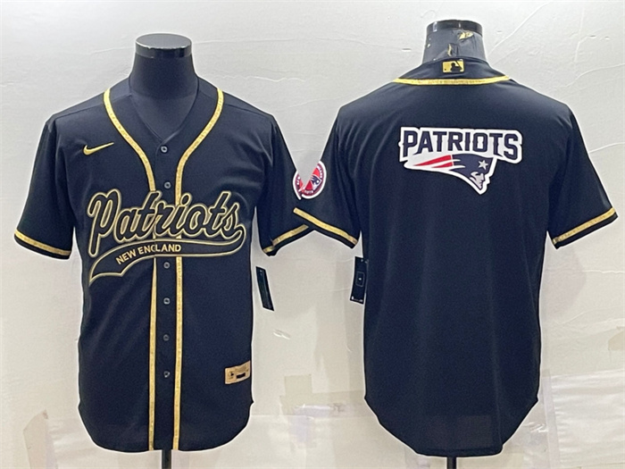 Personalized Men’s New England Patriots Black Gold Team Big Logo With Patch Cool Base Stitched Baseball Jersey