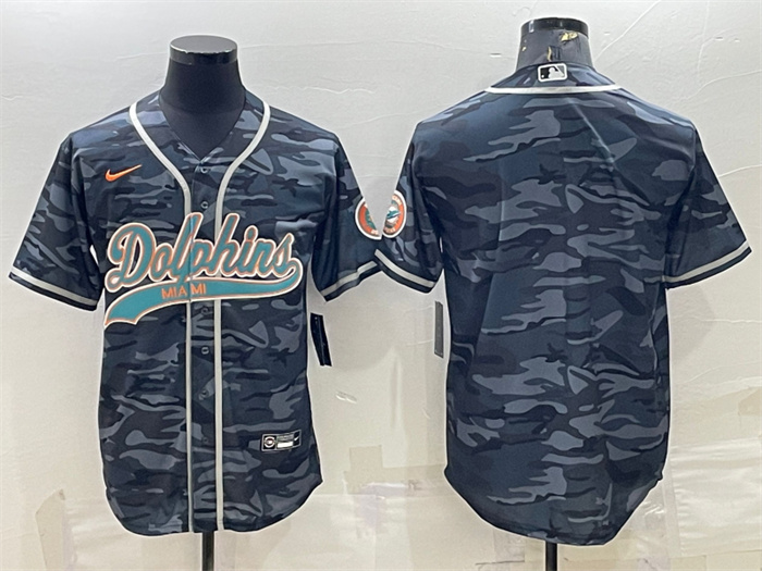 Personalized Men’s Miami Dolphins Blank Grey Camo With Patch Cool Base Stitched Baseball Jersey
