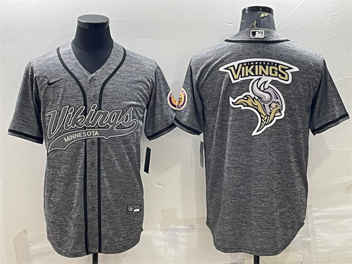 Personalized Men’s Minnesota Vikings Grey Team Big Logo With Patch Cool Base Stitched Baseball Jersey