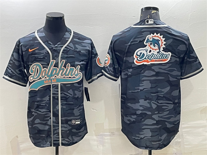 Personalized Men’s Miami Dolphins Grey Camo Team Big Logo With Patch Cool Base Stitched Baseball Jersey