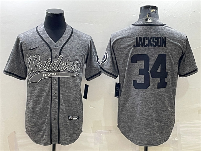Personalized Men’s Las Vegas Raiders #34 Bo Jackson Grey With Patch Cool Base Stitched Baseball Jersey