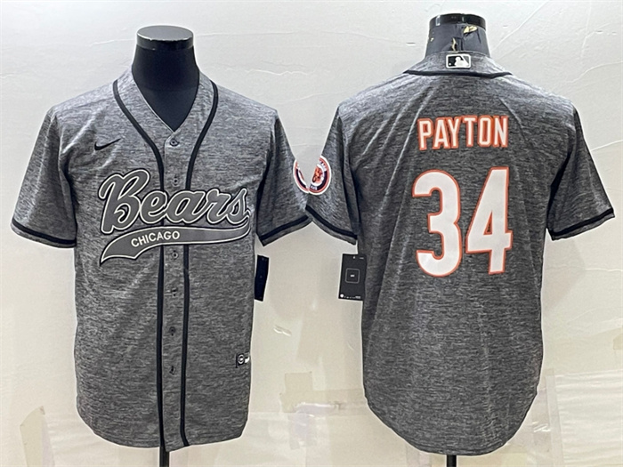 Personalized Men’s Chicago Bears #34 Walter Payton Grey With Patch Cool Base Stitched Baseball Jersey