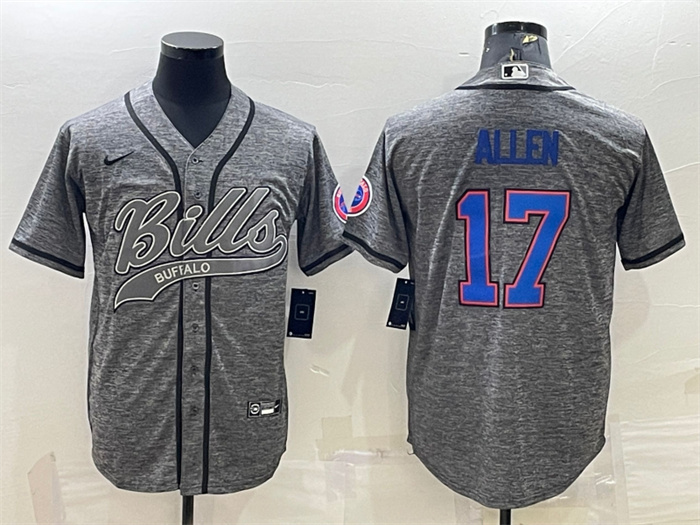 Personalized Men’s Buffalo Bills #17 Josh Allen Grey With Patch Cool Base Stitched Baseball Jersey
