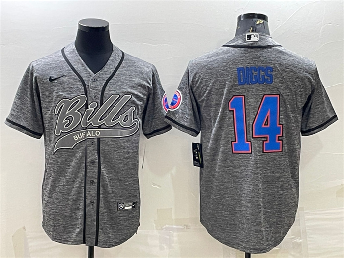 Personalized Men’s Buffalo Bills #14 Stefon Diggs Grey With Patch Cool Base Stitched Baseball Jersey