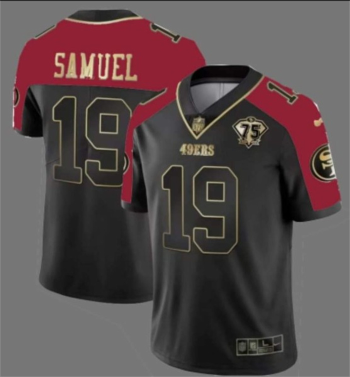 Personalized Men’s San Francisco 49ers #19 Deebo Samuel Balck Red With 75th Anniversary Patch Stitched Football Jersey