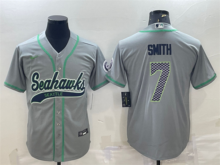 Personalized Men’s Seattle Seahawks #7 Geno Smith Grey With Patch Cool Base Stitched Baseball Jersey