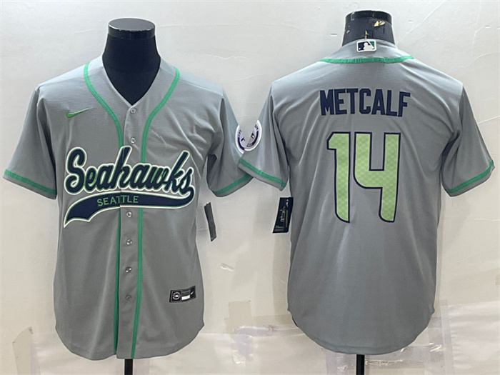 Personalized Men’s Seattle Seahawks #14 DK Metcalf Grey With Patch Cool Base Stitched Baseball Jersey