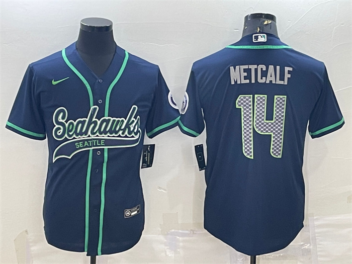 Personalized Men’s Seattle Seahawks #14 DK Metcalf Navy With Patch Cool Base Stitched Baseball Jersey