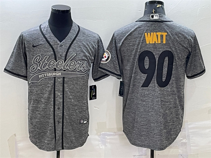 Personalized Men’s Pittsburgh Steelers #90 T.J. Watt Grey With Patch Cool Base Stitched Baseball Jersey