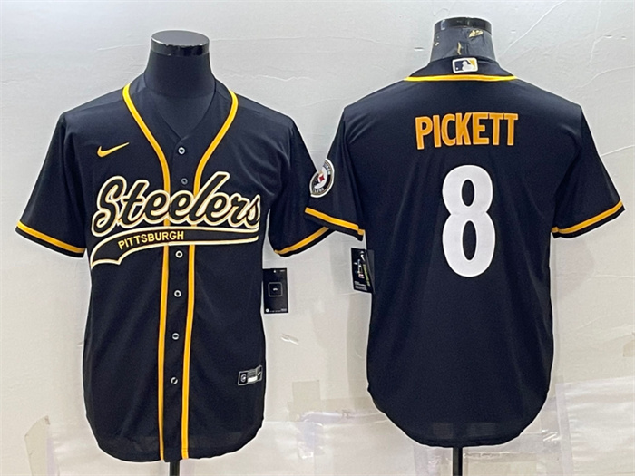 Personalized Men’s Pittsburgh Steelers #8 Kenny Pickett Black With Patch Cool Base Stitched Baseball Jersey