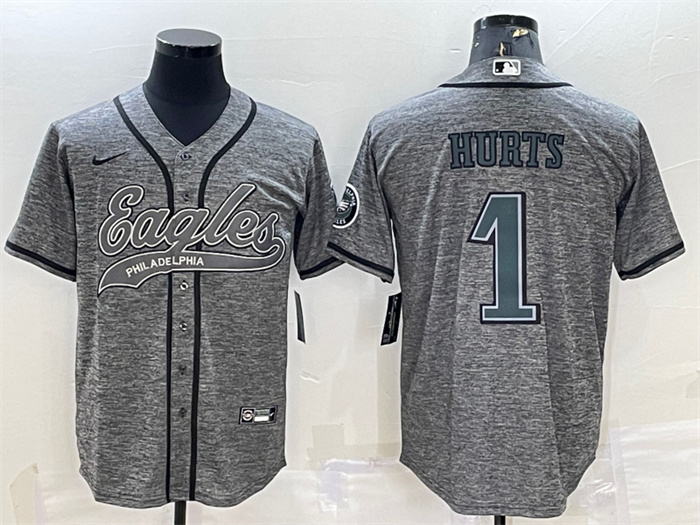 Personalized Men’s Philadelphia Eagles #1 Jalen Hurts Grey With Patch Cool Base Stitched Baseball Jersey