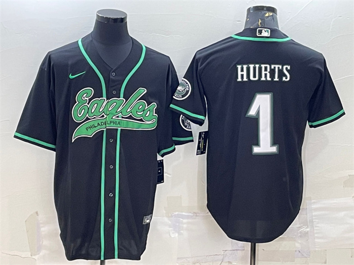 Personalized Men’s Philadelphia Eagles #1 Jalen Hurts Black With Patch Cool Base Stitched Baseball Jersey