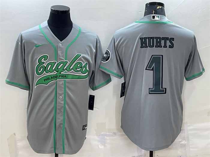 Personalized Men’s Philadelphia Eagles #1 Jalen Hurts Grey With Patch Cool Base Stitched Baseball Jerseys