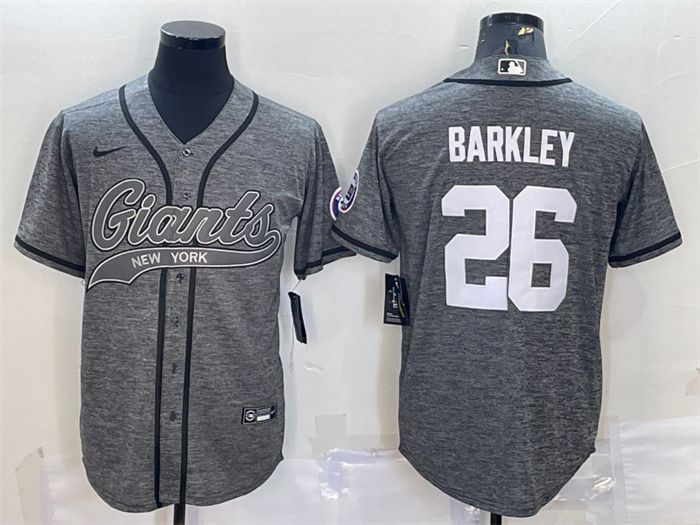 Personalized Men’s New York Giants #26 Saquon Barkley Grey With Patch Cool Base Stitched Baseball Jersey