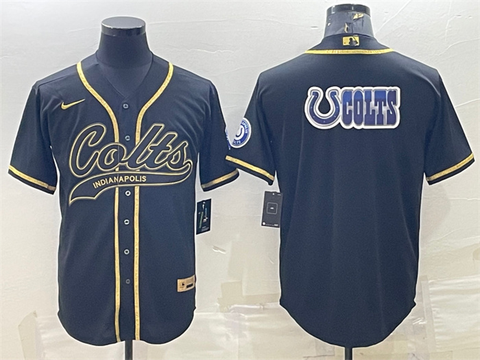 Personalized Men’s Indianapolis Colts Black Gold Team Big Logo With Patch Cool Base Stitched Baseball Jersey