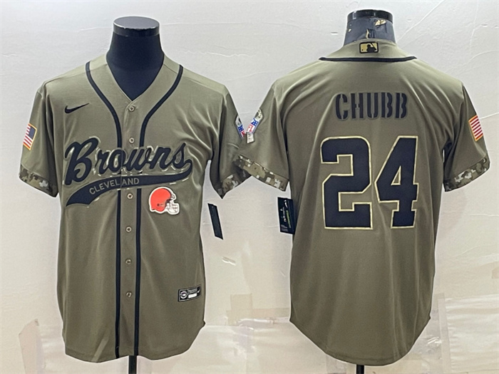 Personalized Men’s Cleveland Browns #24 Nick Chubb Olive 2022 Salute To Service Cool Base Stitched Baseball Jersey