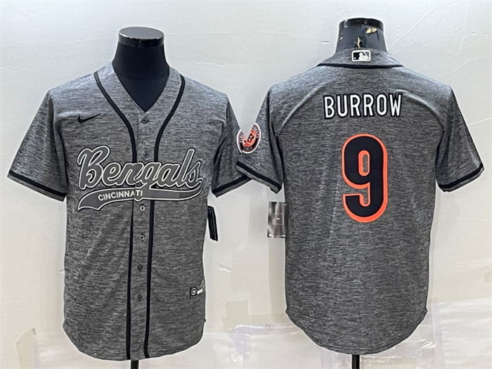 Personalized Men’s Cincinnati Bengals #9 Joe Burrow Grey With Patch Cool Base Stitched Baseball Jersey