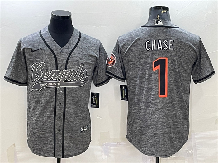 Personalized Men’s Cincinnati Bengals #1 Ja’Marr Chase Grey With Patch Cool Base Stitched Baseball Jersey