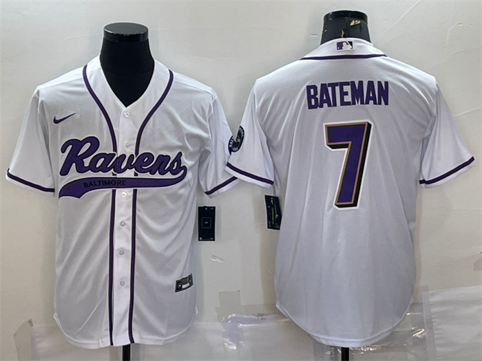 Personalized Men’s Baltimore Ravens #7 Rashod Bateman White With Patch Cool Base Stitched Baseball Jersey
