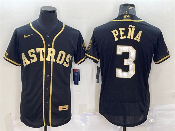 Personalized Men’s Houston Astros #3 Jeremy Pena Black Gold Flex Base Stitched Jersey