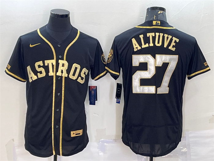 Personalized Men’s Houston Astros #27 Jose Altuve Black Gold Flex Base Stitched Jersey