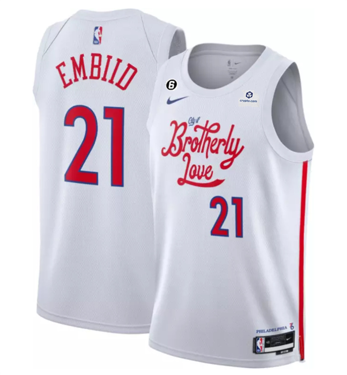 Personalized Men’s Philadelphia 76ers #21 Joel Embiid White 2022 23 City Edition With NO.6 Patch Stitched Basketball Jersey