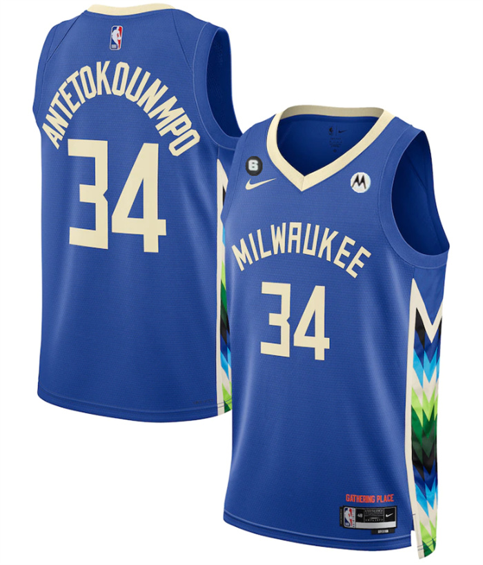 Personalized Men’s Milwaukee Bucks #34 Giannis Antetokounmpo Blue 2022 23 City Edition With NO.6 Patch Stitched Basketball Jersey