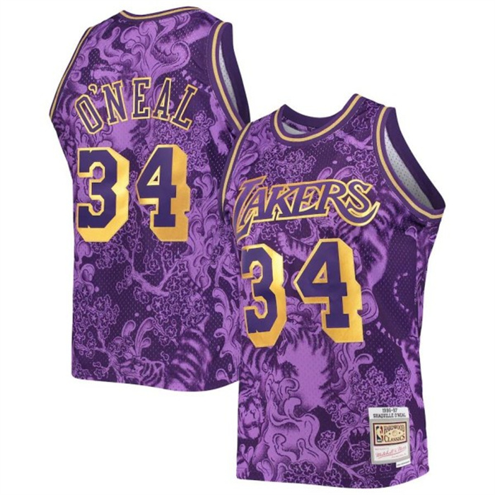 Personalized Men’s Los Angeles Lakers #34 Shaquille O’Neal Purple 1996-97 Mitchell & Ness Stitched Basketball Jersey