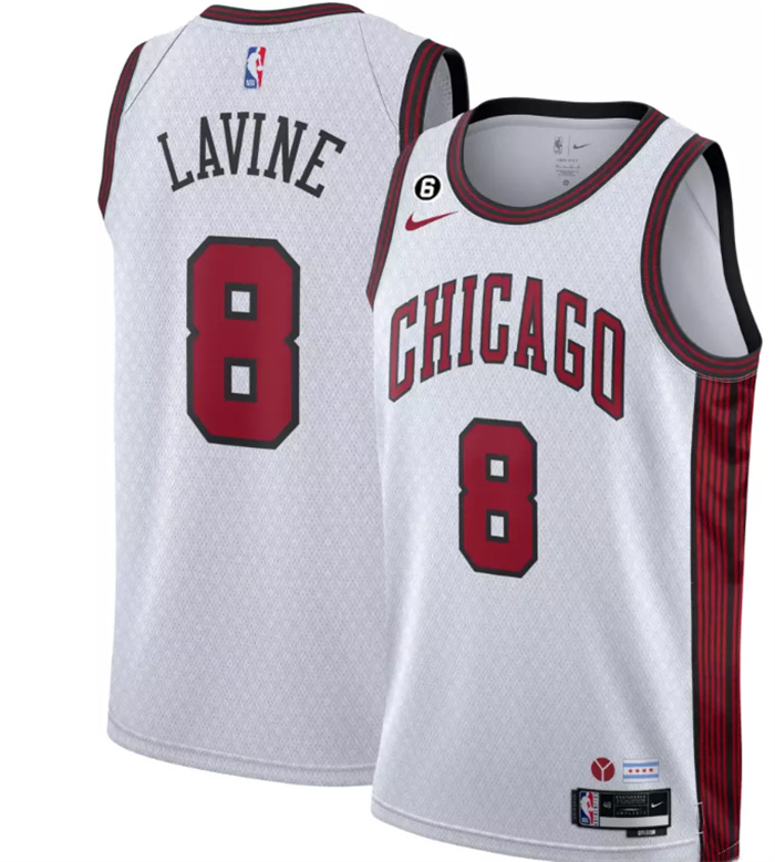 Personalized Men’s Chicago Bulls #8 Zach LaVine 2022-23 White City Edition With NO.6 Patch Stitched Basketball Jersey