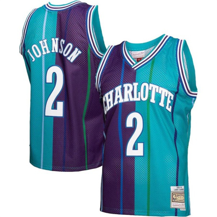 Personalized Men’s Charlotte Hornets #2 Larry Johnson Teal Purple Split 1992-93 Mitchell & Ness Swingman Stitched Jersey