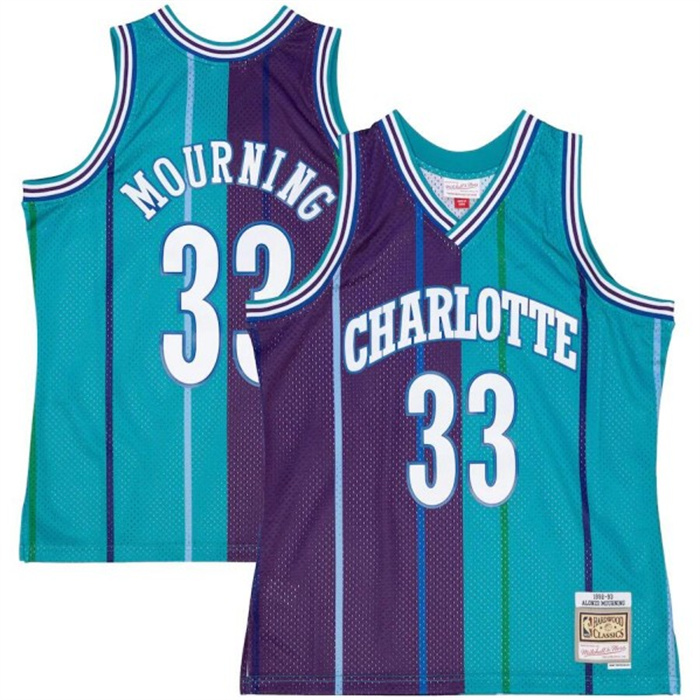 Personalized Men’s Charlotte Hornets #33 Alonzo Mourning Teal Purple Split 1992-93 Mitchell & Ness Swingman Stitched Jersey