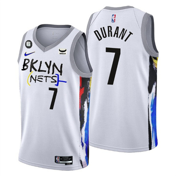 Personalized Men’s Brooklyn Nets #7 Kevin Durant White 2022 23 City Edition With NO.6 Patch Stitched Basketball Jersey