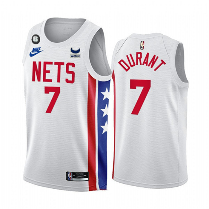 Personalized Men’s Brooklyn Nets #7 Kevin Durant 2022 23 White With Patch Classic Edition With NO.6 Patch Stitched Basketball Jersey
