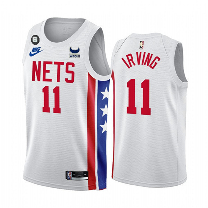 Personalized Men’s Brooklyn Nets #11 Kyrie Irving 2022 23 White With Patch Classic Edition With NO.6 Patch Stitched Basketball Jersey