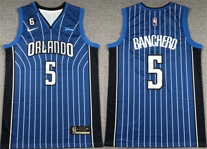 Personalized Men’s Orlando Magic #5 Paolo Banchero Blue With No.6 Patch Icon Edition Stitched Swingman Jersey