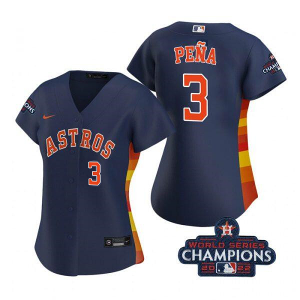 Personalized Women’s Houston Astros #3 Jeremy Pena Navy 2022 World Series Champions With No. In Front Stitched Baseball Jersey(Run Small)