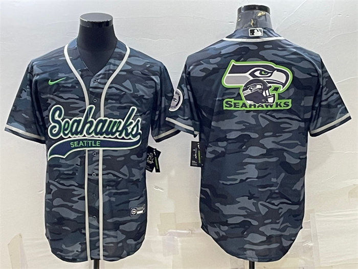 Personalized Men’s Seattle Seahawks Grey Camo Team Big Logo With Patch Cool Base Stitched Baseball Jersey