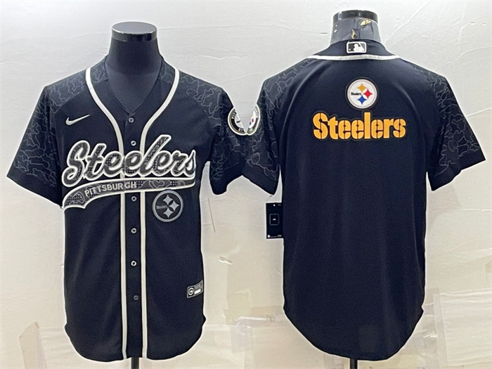 Personalized Men’s Pittsburgh Steelers Black Reflective Team Big Logo With Patch Cool Base Stitched Baseball Jersey