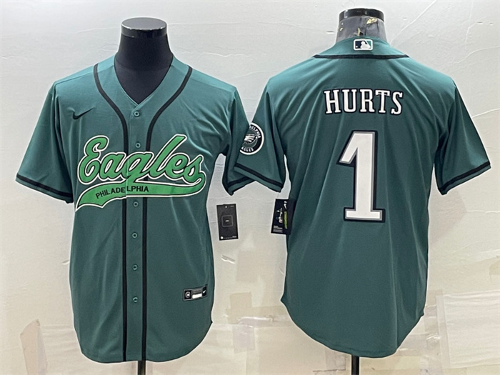 Personalized Men’s Philadelphia Eagles #1 Jalen Hurts Green With Patch Cool Base Stitched Baseball Jersey