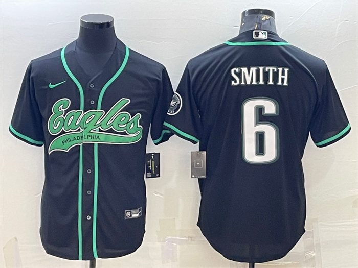 Personalized Men’s Philadelphia Eagles #6 DeVonta Smith Black With Patch Cool Base Stitched Baseball Jersey
