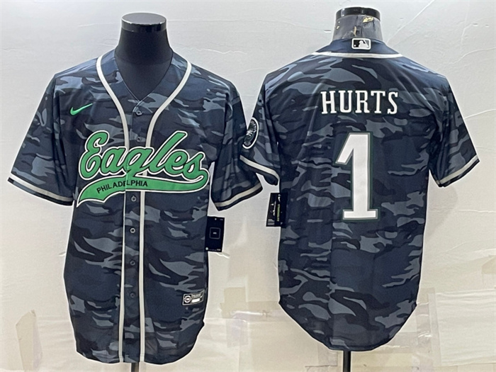 Personalized Men’s Philadelphia Eagles #1 Jalen Hurts Grey Camo With Patch Cool Base Stitched Baseball Jersey