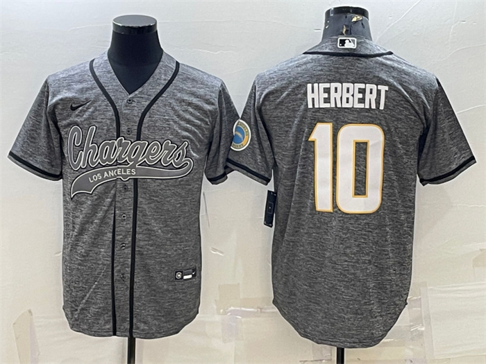 Personalized Men’s Los Angeles Chargers #10 Justin Herbert Grey With Patch Cool Base Stitched Baseball Jersey