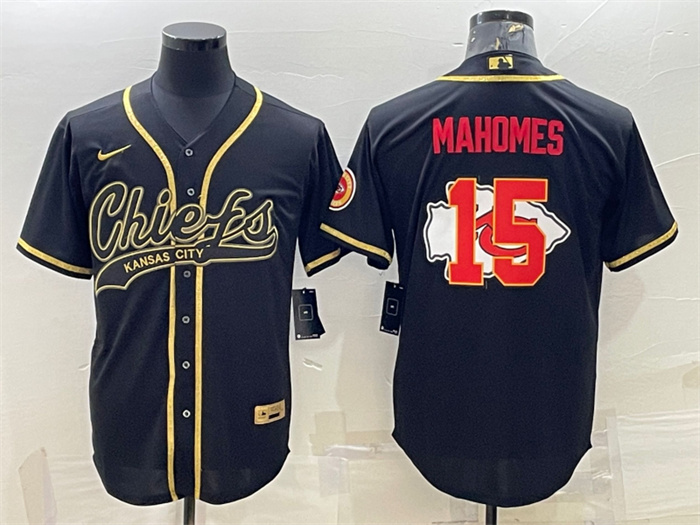 Personalized Men’s Kansas City Chiefs #15 Patrick Mahomes Black Gold Team Big Logo With Patch Cool Base Stitched Baseball Jersey